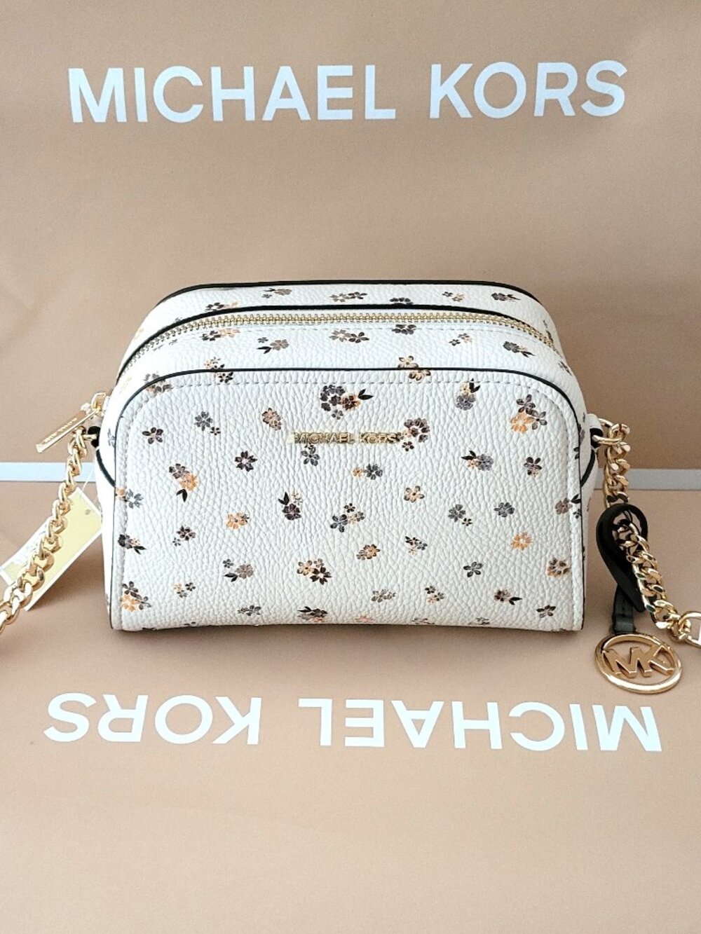 Michael Kors Ashton Extra Small XS Camera Floral Print Crossbody Light Cream Bag